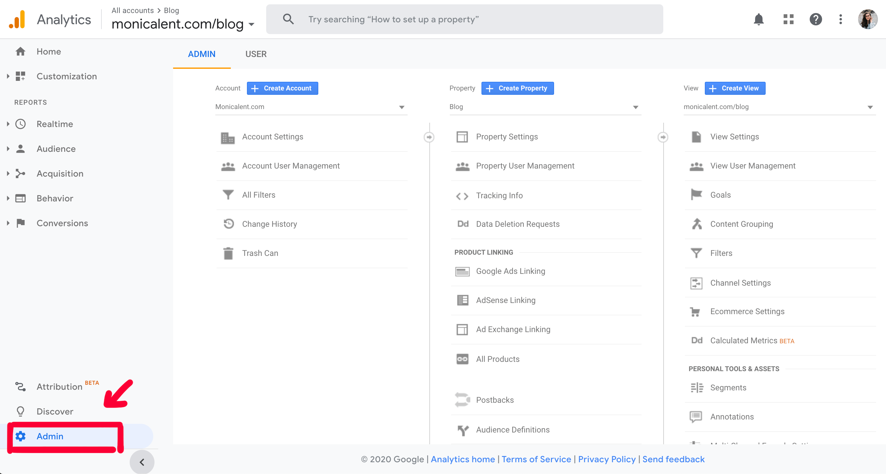 Navigate to Admin section on Google Analytics