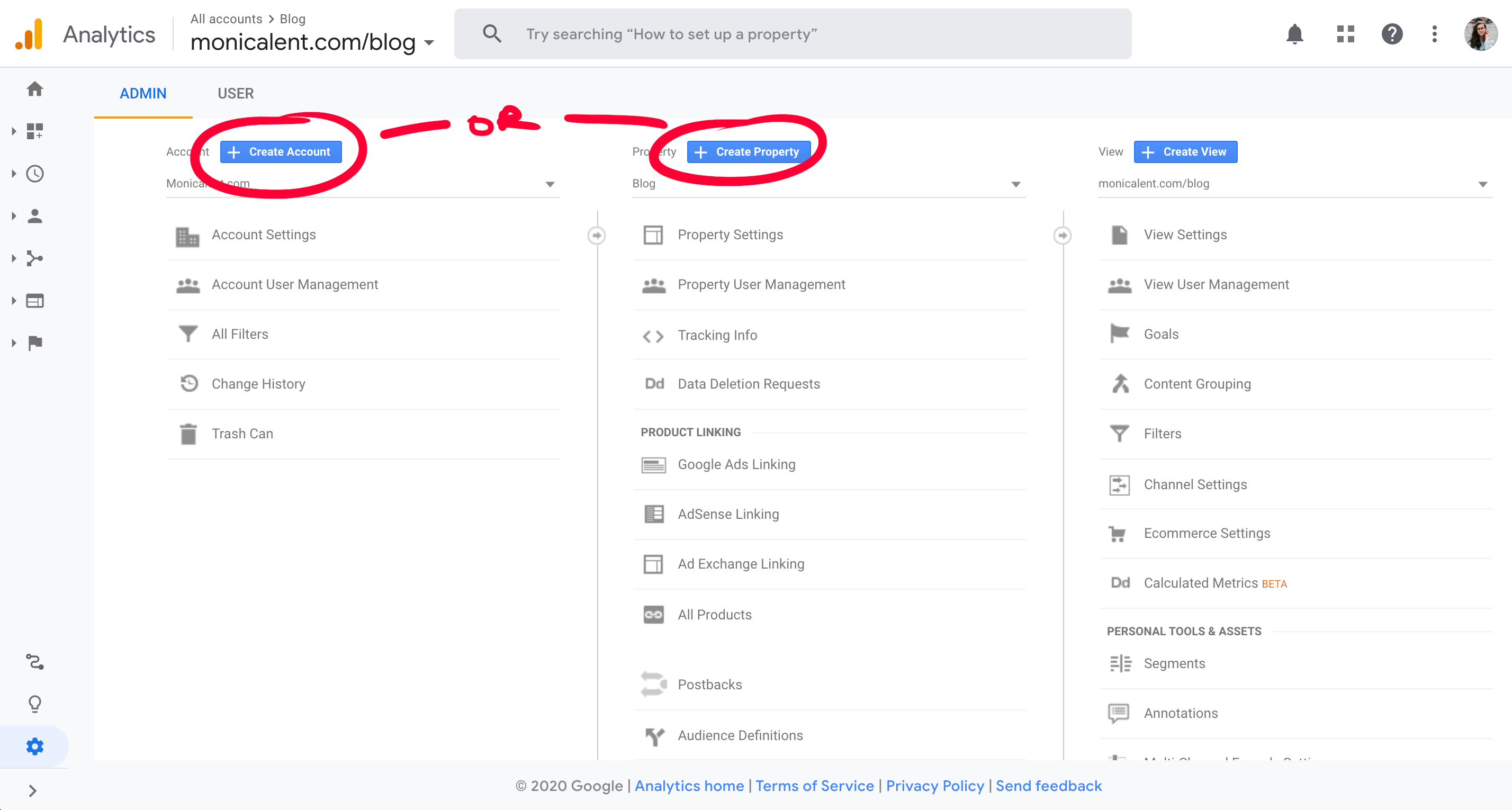 Navigate to Admin section on Google Analytics